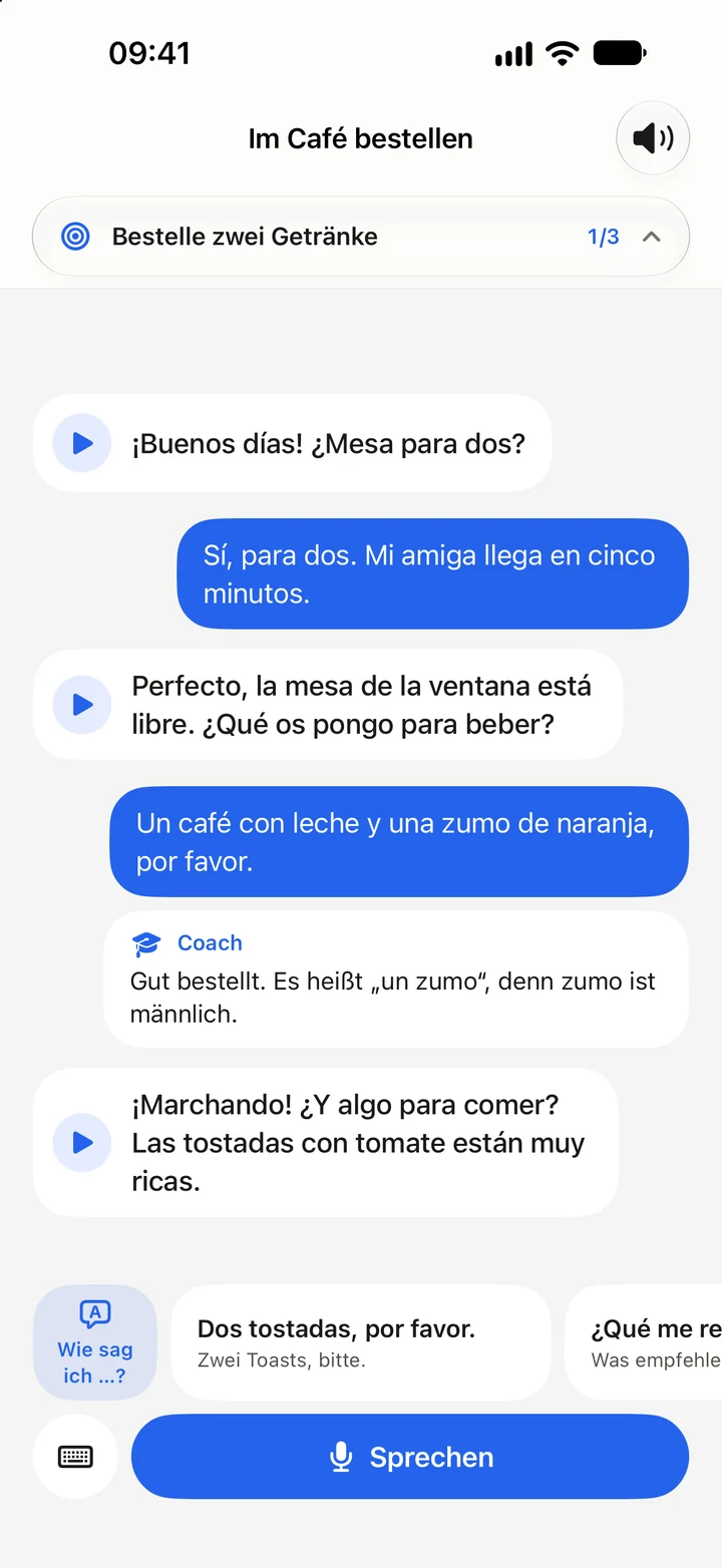 Rollenspiel in der Lingoo-App: ein Gespräch im Café, darunter ein Hinweis vom Coach