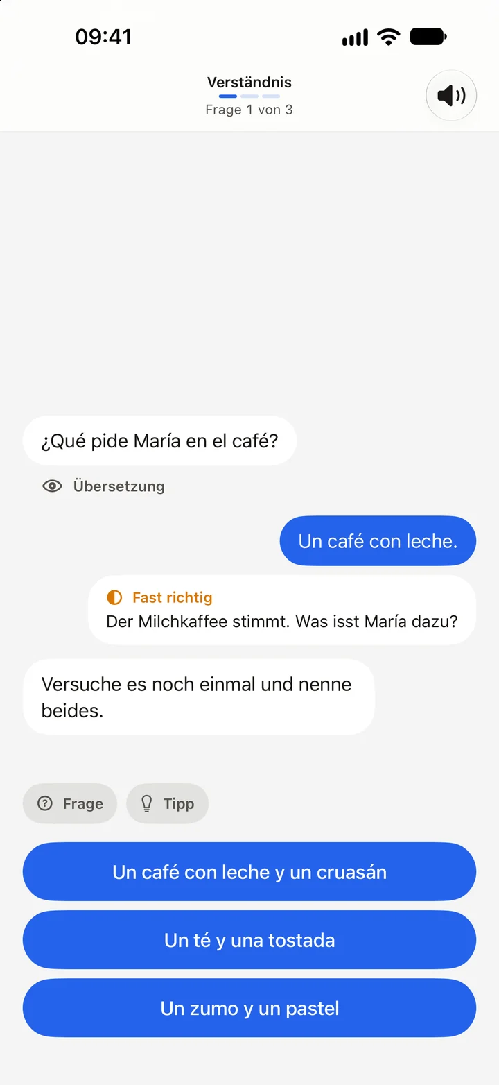 Übung in Lingoo: eine Verständnisfrage zur Geschichte mit Rückmeldung auf die Antwort