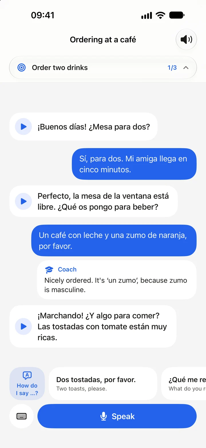 A Lingoo roleplay: a café conversation with a note from the coach underneath