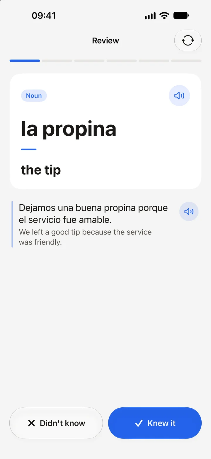 Vocabulary review showing the word la propina in its sentence.