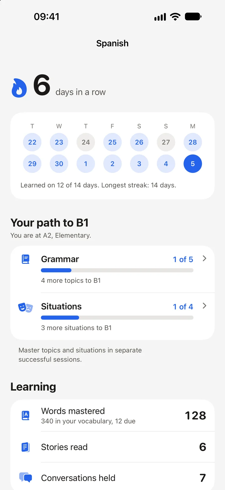 Progress with streak, learning path and words learned.